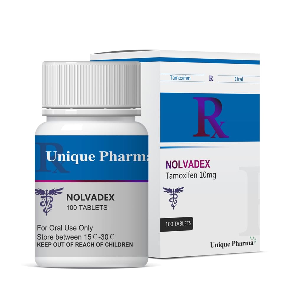 Nolvadex 10 mg Tamoxifen Flasche und Verpackung von Unique Pharma
